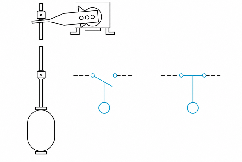 Rod-operated float switch with electrical wiring symbols.
