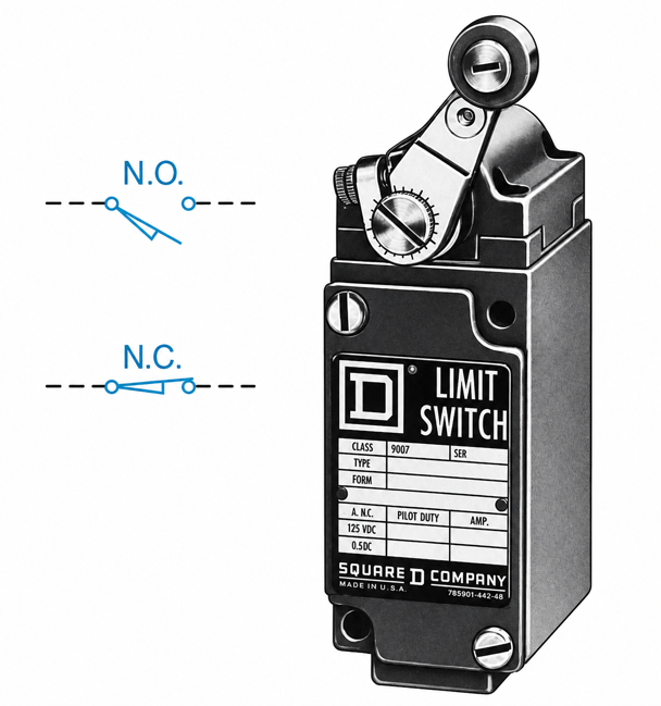 Limit switch shown with electrical&nbsp; wiring symbols.