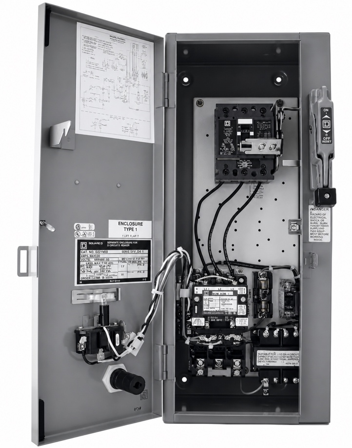 Combination starter with circuit breaker, control transformer, control circuit fuse, and motor starter. The door cannot be opened unless the circuit breaker is open