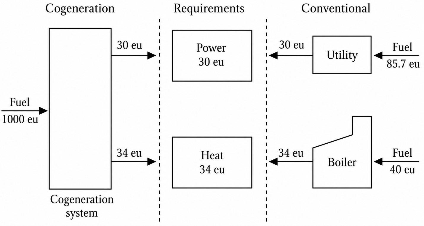 A schematic illustration of the advantages of cogeneration relative to conventional systems.