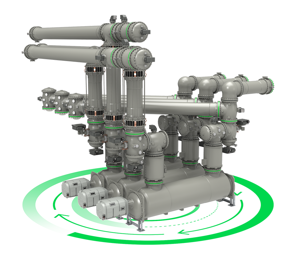 EconiQ 550 kV SF6‑free GIS—compact, all‑compartment eco‑gas design for transmission‑class substations.