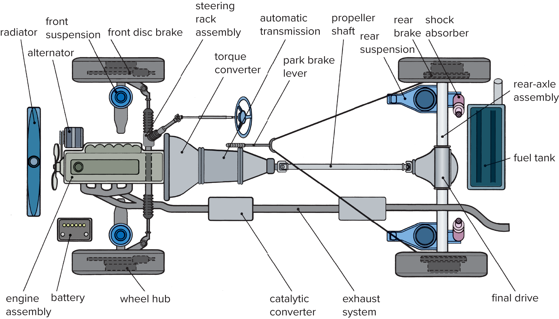 Skeletal arrangement of a rear-wheel-drive vehicle
