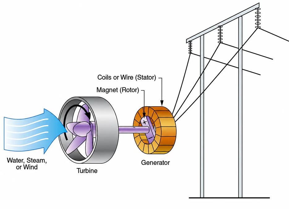 A force (water, steam, or wind) turns the turbine and the generator, which generates electric power.