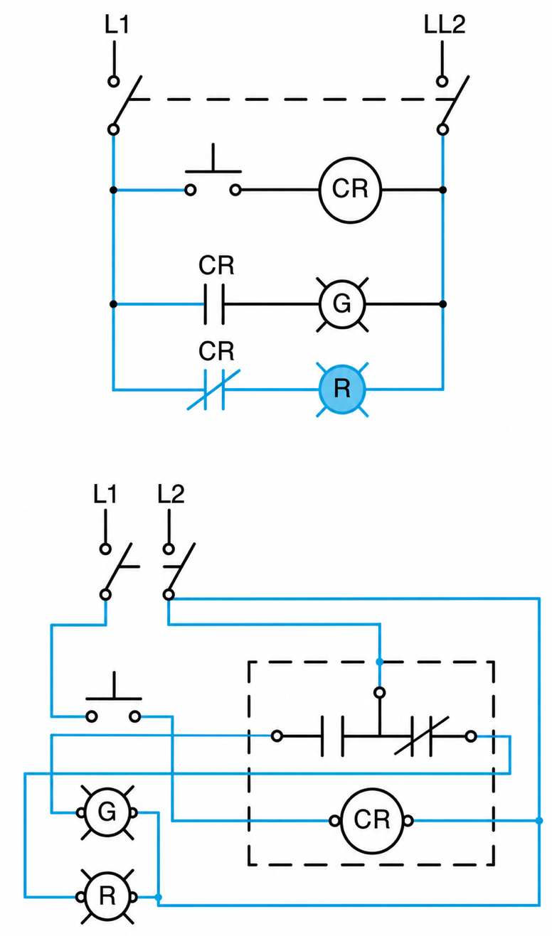 A single-pole, double-throw (SPDT) control relay schematic wiring diagrams.