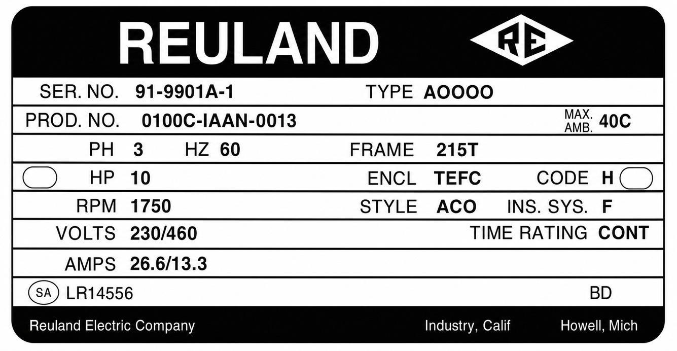 Standard three-phase motor nameplate.