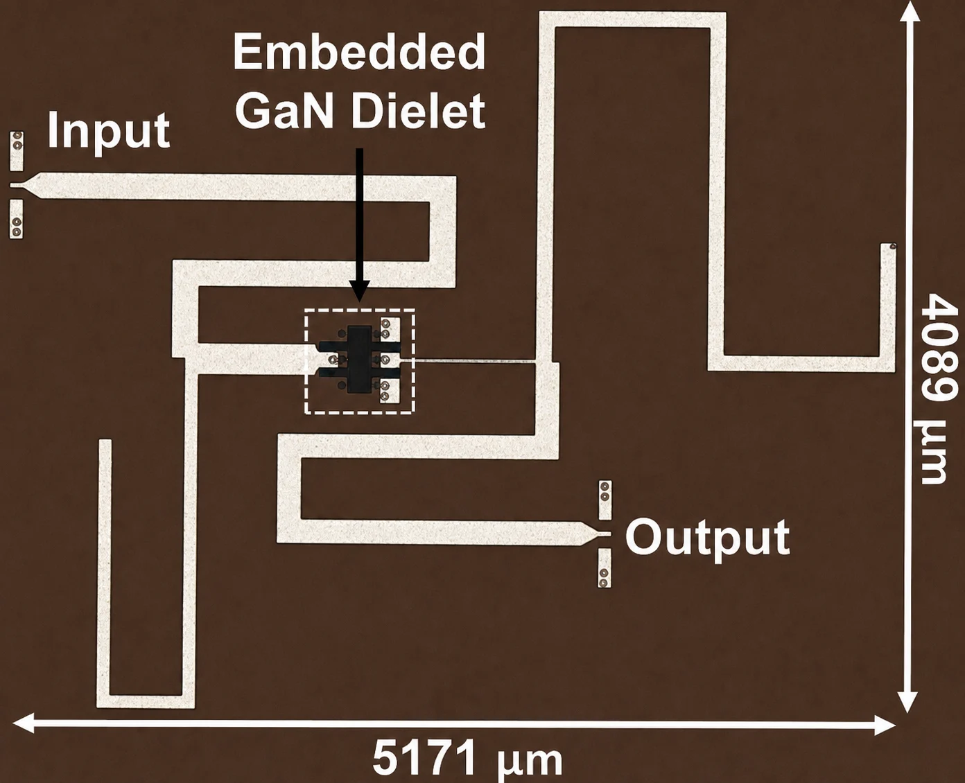 Fabricated heterogeneous power amplifier with embedded GaN-on-Si dielet in single crystal diamond interposer