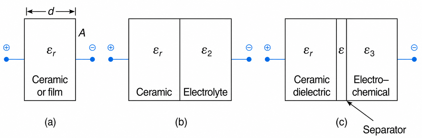 Capacitors. (a) Electrostatic (dry separator). (b) Electrolytic (moist separator). (c) Supercapacitor organic electrolyte.