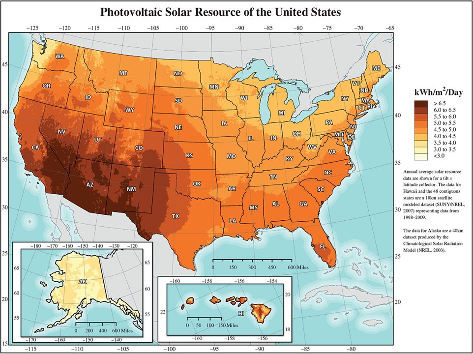 Photovoltaic resources map of the United States.