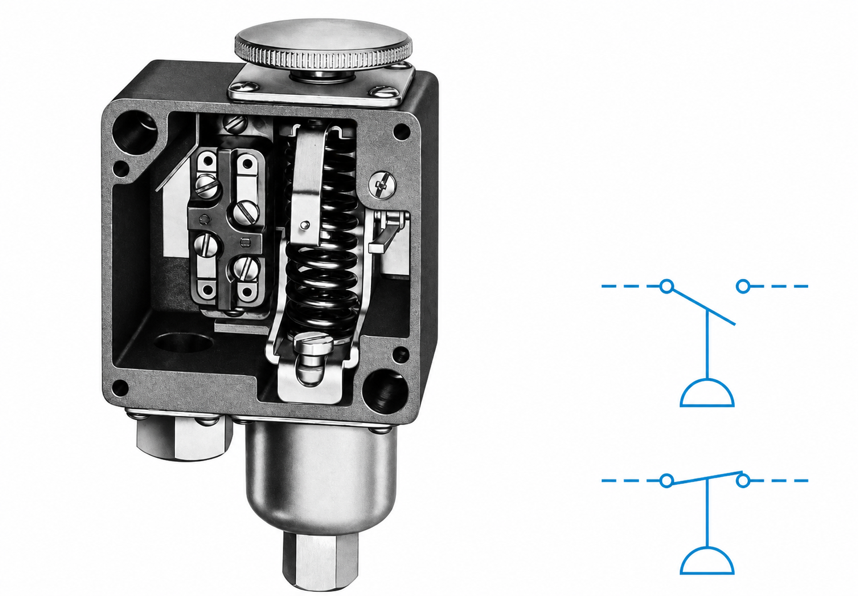 Pressure switch with electrical wiring symbols.