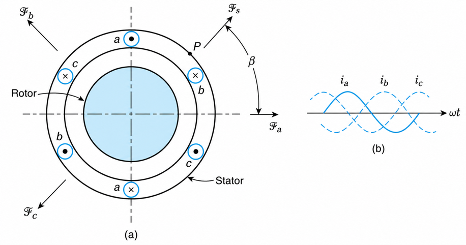 Three-phase induction machine: (a) an elementary two-pole induction machine, and (b) balanced three-phase stator currents of sequence ABC.