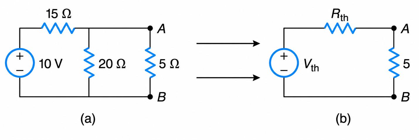 a)&nbsp;Circuit.&nbsp;(b)&nbsp;Equivalent Th&eacute;venin&rsquo;s.