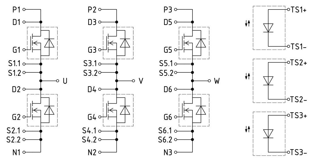 FS01M9R13A7MA2B implements a six‑switch bridge in a HybridPACK Drive G2 Hosing