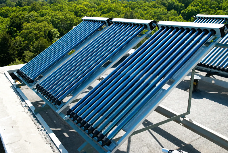 Evacuated-tube solar collectors.