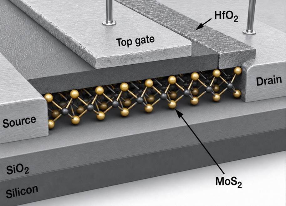 An illustration of an MoS2 transistor reported by the Swiss Federal Institute of Technology.