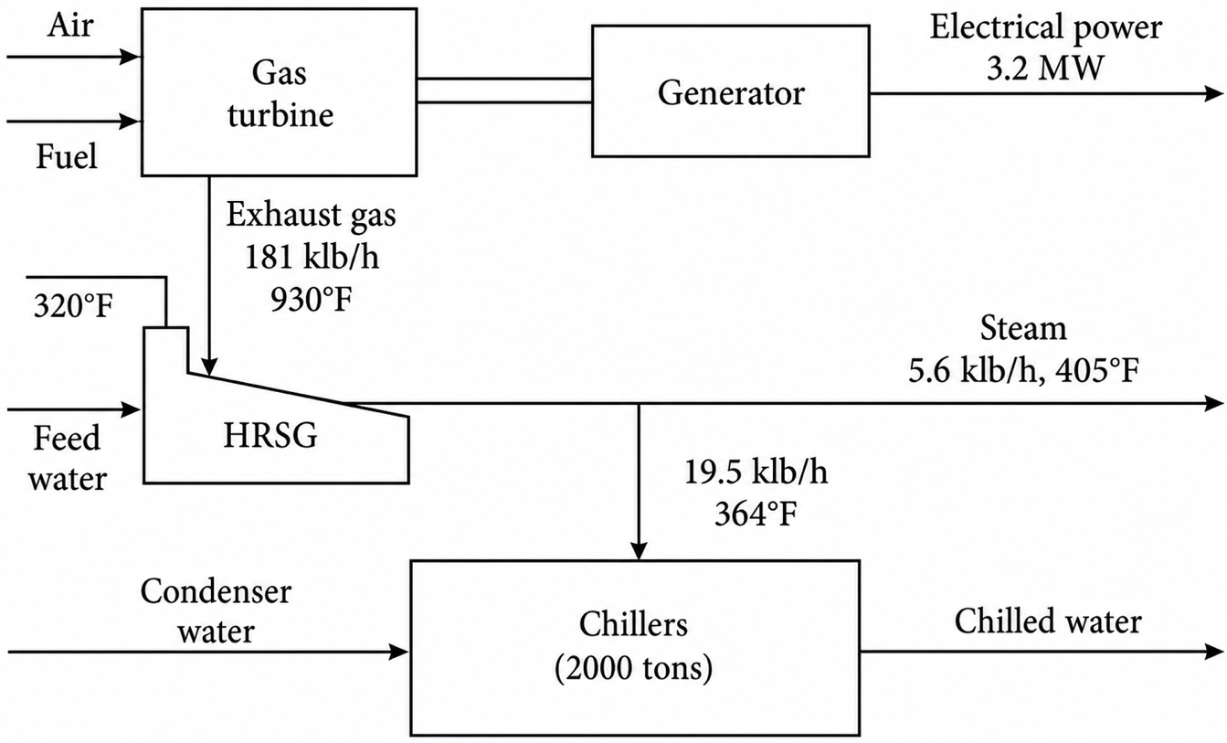 A schematic diagram of the topping-cycle cogeneration system installed in 1986 at Rice University in Houston, Texas.