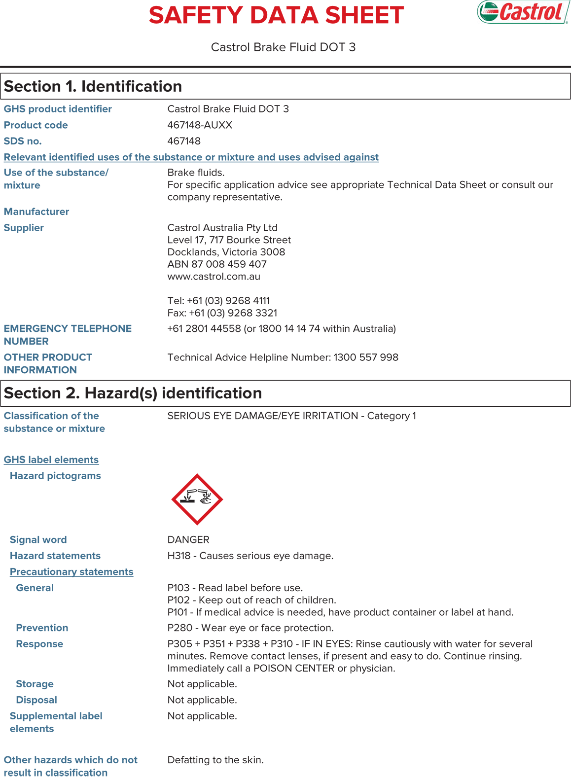 Safety data sheet CASTROL