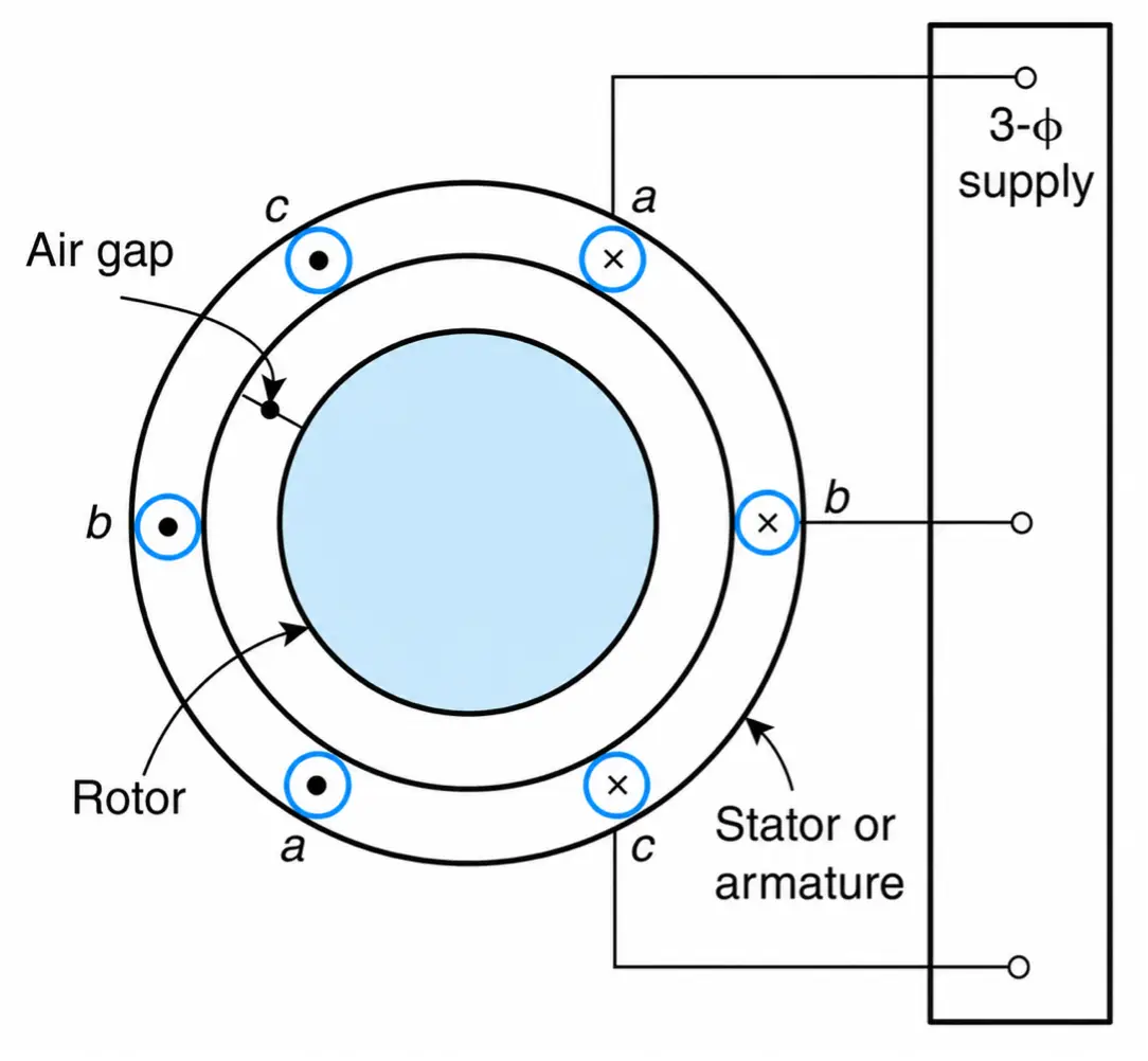An elementary representation of a three-phase induction motor. (In an actual machine, the armature and the field windings are placed in the stator and rotor slots, respectively.)