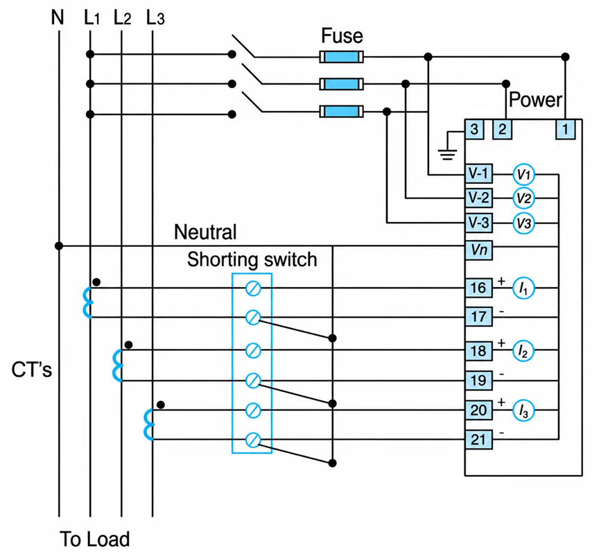 Wiring diagram of a digital multimeter.