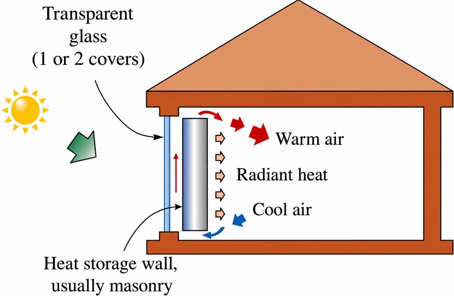 A schematic of an indirect passive solar system.